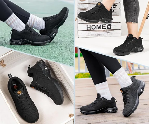 Vista 4 de FENLERN - Zapatos con punta de acero para mujer, tenis de seguridad ligeros con amortiguación de aire, zapatos de trabajo resistentes, fáciles