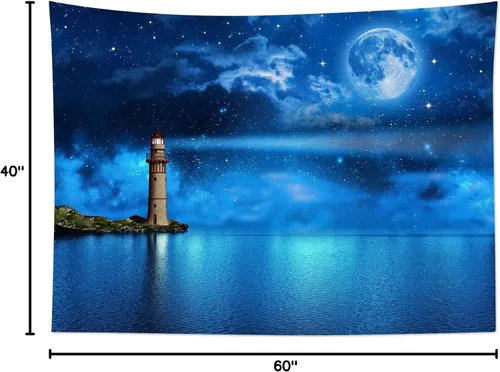 Vista 10 de HVEST Tapiz de luna y cielo nocturno para colgar en la pared, luna llena y galaxia estrellada con faro sobre el océano, tapiz colgante de pared