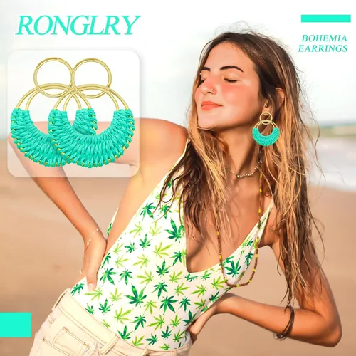 Vista 3 de Ronglry Aretes bohemios de ratán de rafia para mujeres y niñas, ligeros, hechos a mano, de mimbre trenzado, grandes, divertidos, modernos, regalos