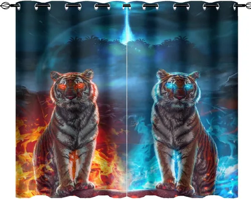 Vista 9 de Cool King of The Forest - Cortinas opacas con diseño de tigre anime, fantasía, animal, fuego, tigre, hielo, con ojales, ahorro de energía, 2