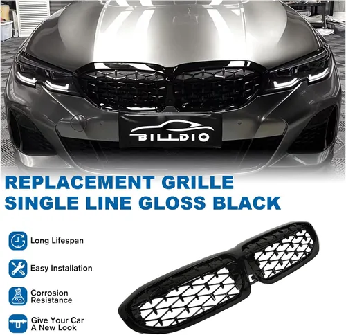 Vista 3 de Parrilla G20 - Parrilla de Riñón Negra Compatible con Serie 3 G20 316i/318i/320i/328i/330i/335i/340i de 2019-2022 Negro Brillante Diamante