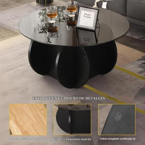Vista 5 de Mesa de centro negra, mesa de centro redonda de vidrio de 31.5 pulgadas para sala de estar, mesa de centro moderna de mediados de siglo, mesa