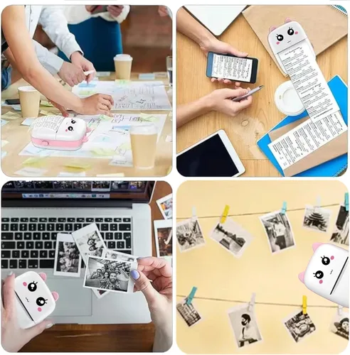 Vista 5 de Mini impresora de calcomanías con 11 rollos de papel, recibo de bolsillo térmico sin tinta para iOS iPhone y Android, Bluetooth portátil