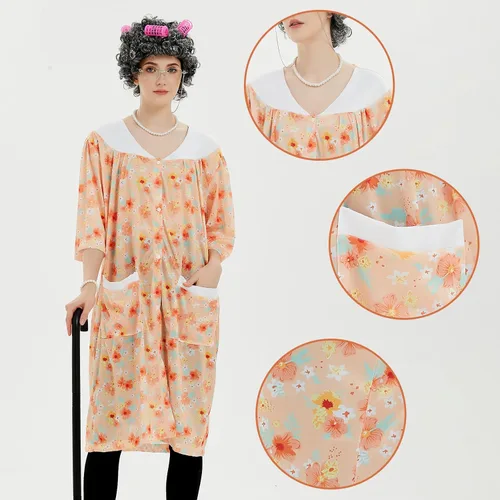 Vista 3 de Old Lady Costume for Women Kids,8Pcs Grandma Cosplay Set for 100th Day of School Granny Costumes Halloween Accessories