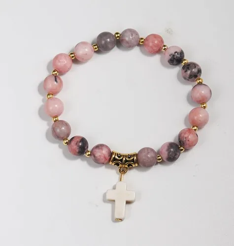 Vista 3 de Regalos cristianos para mujeres, hombres, pulsera elástica de cuentas cruzadas católicas religiosas, regalos de joyería curativa de piedra natural