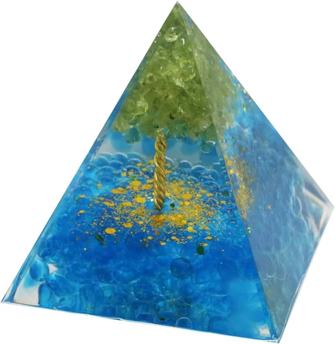 Vista 4 de Pirámide de orgón grande, árbol de la vida, cristales curativos de peridoto y cianita, pirámides de orgonita hechas a mano para meditación
