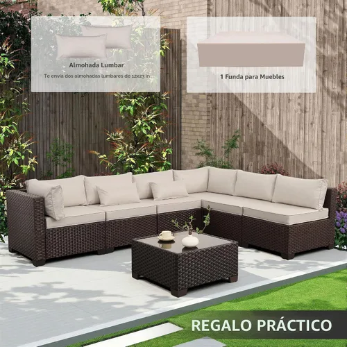 Vista 2 de WAROOM Juego de muebles de patio al aire libre, 7 piezas, sofá seccional de mimbre, sofá de conversación de ratán marrón con mesa auxiliar, cojín