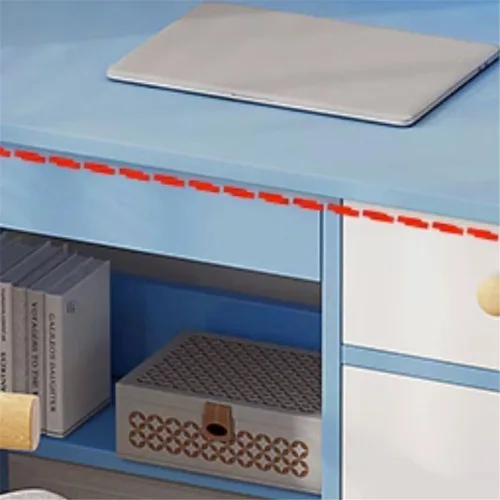 Vista 3 de Mesa rectangular de almacenamiento para niños con cajón, estantería moderna, estantes para mesa de trabajo, mesa de PC, escritorio de esquina