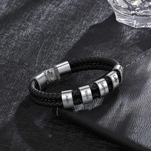 Vista 5 de Pulsera trenzada negra personalizada para hombre, pulsera personalizada con 1-8 cuentas personalizadas, nombres de la familia, joyería para hombres