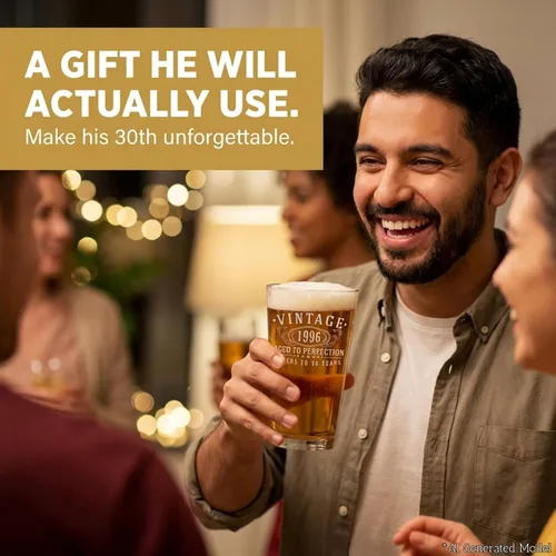 Vista 7 de Vaso de pinta grabado vintage de 1996 de 16 onzas – Regalos de feliz cumpleaños 30 para hombres y mujeres, saludos a cumplir 30 años de edad