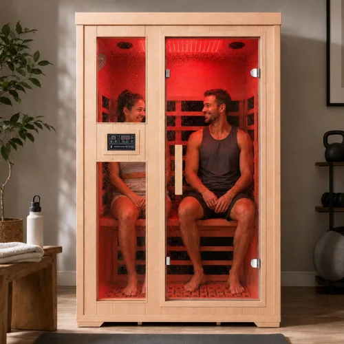Vista 10 de Sala de sauna de infrarrojo lejano de 1350W para el hogar, sauna de madera canadiense de Hemlock de calentamiento rápido bajo EMF, luz de sauna que