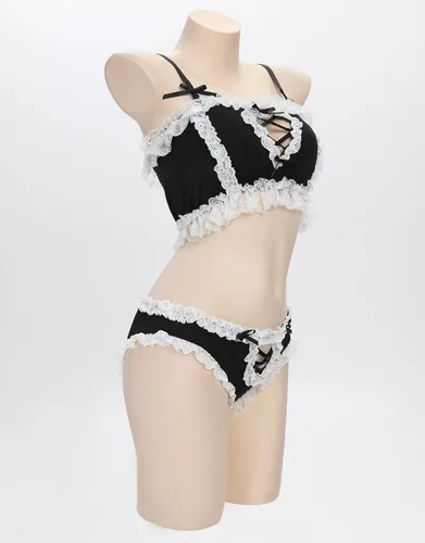 Vista 2 de Mobbunny Conjunto de mucama superior e inferior con medias para disfraz de cosplay de sirvienta con volantes de encaje