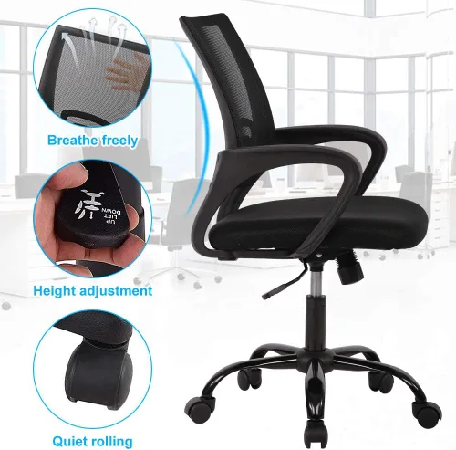 Vista 4 de Silla de oficina ergonómica de malla con respaldo medio, soporte lumbar, ajustable, giratoria, enrollable, silla de escritorio rosa con brazos