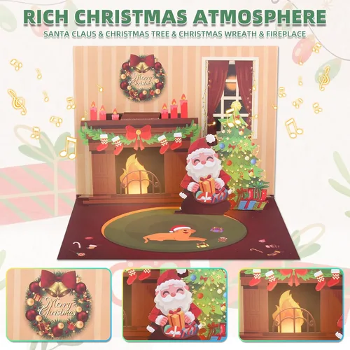 Vista 6 de XTF2015 Tarjeta de Navidad 3D Emergente con Música, Iluminación LED, Tarjeta de Felicitación con Chimenea y Sobre para Mujeres, Hombres, Niños