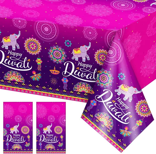Vista 8 de Peryiter Happy Diwali Mantel desechable, mantel de plástico para mesas rectangulares, mantel Diwali para decoración de fiesta, celebración de luz