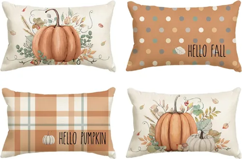 Vista 9 de AVOIN colorlife Juego de 4 fundas de almohada de Hello Fall Hello Pumpkin de 16 x 16 pulgadas, cosecha de Acción de Gracias de otoño, decoración