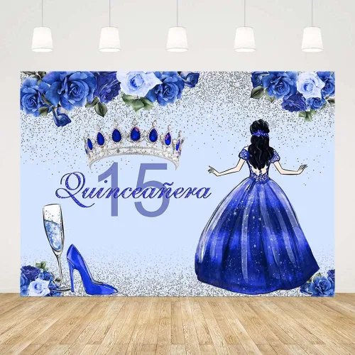 Vista 2 de Sendy Telón de fondo de quinceañera de 15 cumpleaños para niñas, vestido azul, corona de princesa, fondo de fotografía, flores azules y zapatos