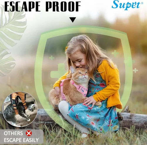 Vista 5 de Supet Arnés y correa para gatos a prueba de escape para caminar, chaleco ajustable para gatos y correa para perros grandes y pequeños 2-Rosa