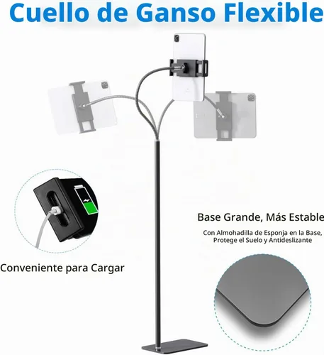 Vista 3 de Soporte de suelo para tablet con cuello de cisne flexible y base estable, compatible con tabletas y teléfonos celulares (3.5 a 9.7 pulgadas)