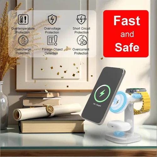 Vista 3 de Estación de carga inalámbrica 3 en 1 para soporte de cargador Magsafe, cargador magnético de teléfono para iPhone, Apple Watch, para Airpods
