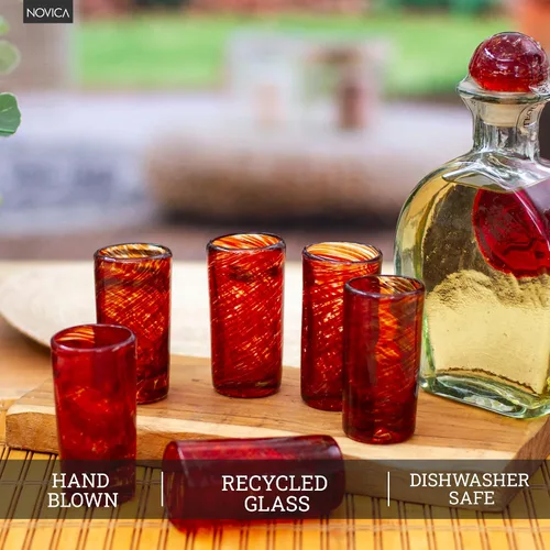 Vista 4 de NOVICA Vasos de chupito de vidrio reciclado de remolino rojo soplado a mano, 2 onzas 'Ripe Ruby' (juego de 6)