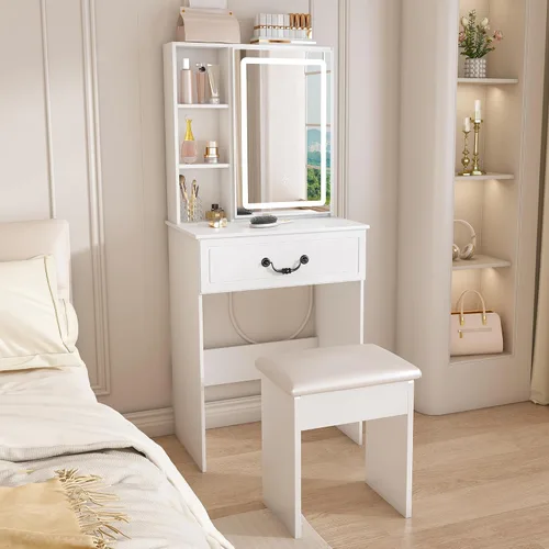 Vista 8 de Runboll Escritorio pequeño con espejo y luces, juego de mesa de tocador de maquillaje con toma de corriente, almacenamiento de cajones, taburete