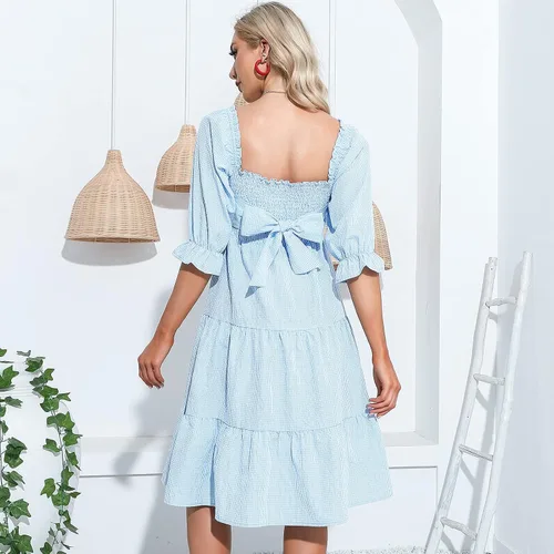 Vista 3 de EXLURA Vestido midi escalonado a cuadros con nudo en la espalda para mujer con cuello cuadrado busto fruncido manga abombada con volantes