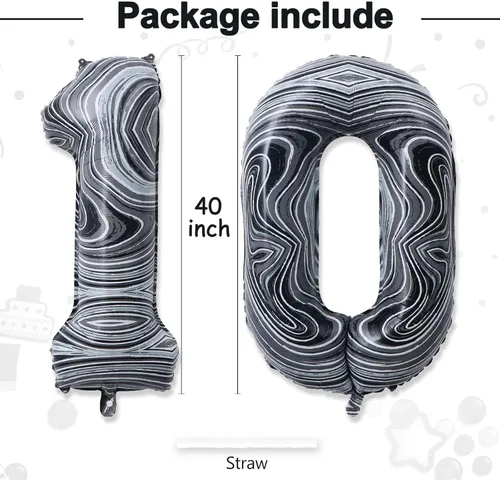 Vista 3 de Globos gigantes de papel de aluminio de mármol negro de 40 pulgadas, globos gigantes de helio número 10 para niños y niñas, decoraciones