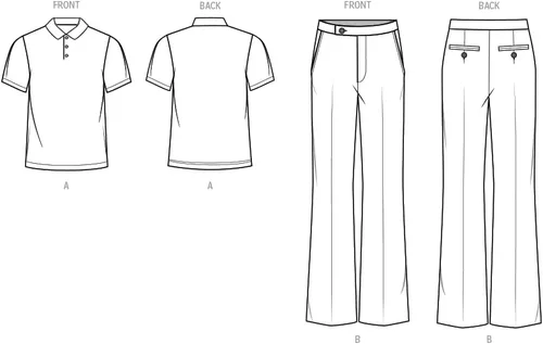 Vista 3 de Know Me - Camisa polo de manga corta para hombre y pantalones acampanados ajustados con patrón de costura, código de diseño ME2035, tallas