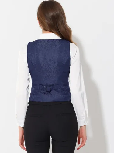 Vista 3 de Allegra K Chaleco de traje para mujer, chaleco vintage con botones jacquard steampunk
