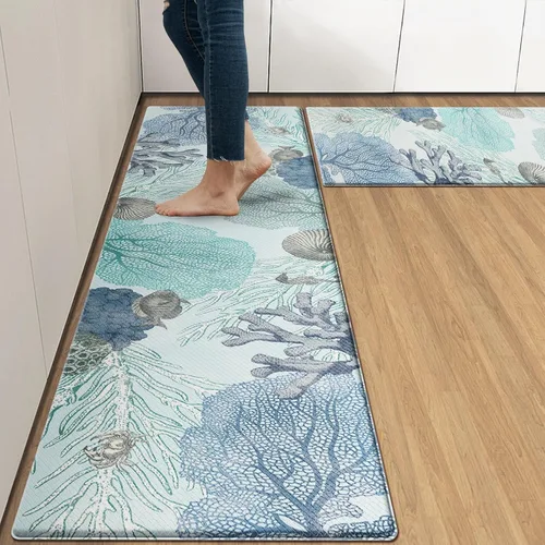 Vista 8 de Arttown - Juego de 2 tapetes antifatiga para cocina de mármol negro y oro, tapete acolchado impermeable y antideslizante y alfombra de espuma