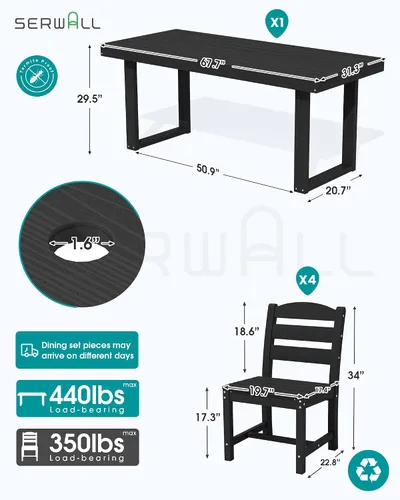 Vista 2 de SERWALL HDPE - Juego de comedor al aire libre para 4, 67 pulgadas, para todo tipo de clima, mesa de comedor y sillas sin brazos para terraza Negro