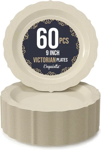 Vista 11 de SIZENAME - Platos de plástico desechables, diseño victoriano de calidad premium, color crema, para fiestas y bodas, 60