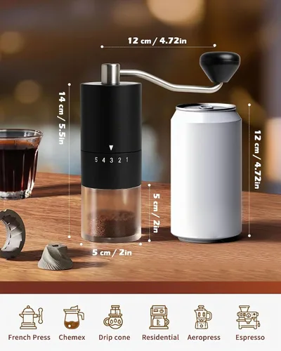 Vista 3 de Molinillo de café manual con muela de cerámica para espresso, prensa francesa, 5 ajustes ajustables, molinillo manual con muela incorporada