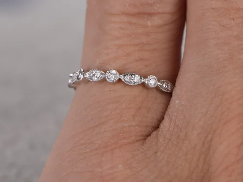 Vista 5 de Anillo de boda de diamantes de eternidad completa, oro blanco de 14 quilates, aniversario, anillo infinito, art déco, anillo a juego