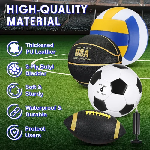 Vista 3 de HyDren Juego de 4 pelotas deportivas de tamaño oficial para baloncesto, balón de fútbol, voleibol, con bolsa de transporte y inflador, regalo