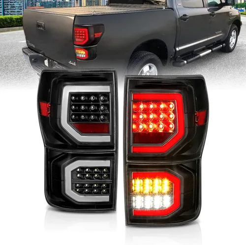 Vista 2 de AmeriLite para camioneta Toyota Tundra 2007-2013, cristal negro [Full LED] Faros traseros dobles tipo C de tubo de repuesto, lámpara de freno, par