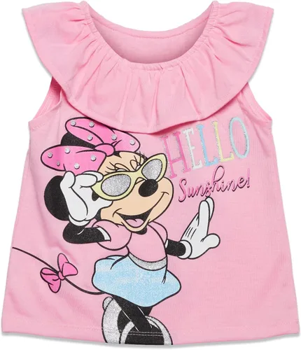 Vista 9 de Disney Minnie Mouse - Conjunto de camiseta floral arcoíris y pantalones cortos de cambray, tallas de bebé a niño grande (12 meses - 14-16)