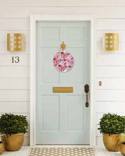 Vista 3 de Seasonal Front Door Welcome Sign, Valentine's Day Red Pink Rose Flower Green Leaves Round Wood Wreaths Wall Hanging Sign for Outdoor Porch Wall