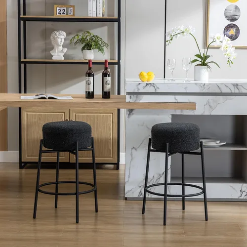 Vista 2 de Juego de 2 taburetes de bar modernos de altura de mostrador, taburetes de bar giratorios negros Boucle para isla de cocina, cómodas sillas tapizadas
