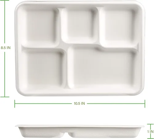 Vista 2 de Placa resistente de fibra de caña de azúcar 100% compostable, bandeja americana de 5 compartimentos, caja de 500