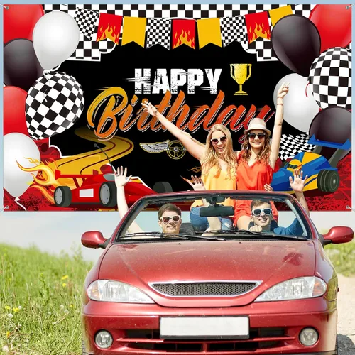 Vista 6 de Telón de fondo de carreras de coches con temática de cumpleaños, decoración de fiesta de cumpleaños, fiesta de carreras, fondo de fotos, suministros