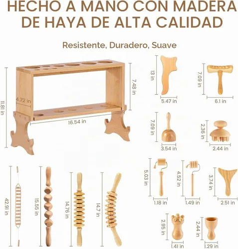Vista 3 de Meifuly Herramientas de masaje de terapia de madera 13 en 1 con estante de almacenamiento de lujo, kit completo de masajeador de madera