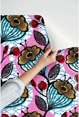 Vista 3 de Muestras de papel tapiz para despegar y pegar, impresiones florales africanas, flores, arte étnico de África, inspirado en Memphis, impresión