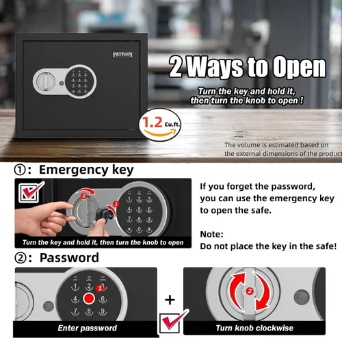 Vista 3 de [1.2 pies cúbicos] Caja de seguridad PATRON con llave, seguridad digital para el hogar, cajas fuertes de gabinete para documentos en efectivo, cajas