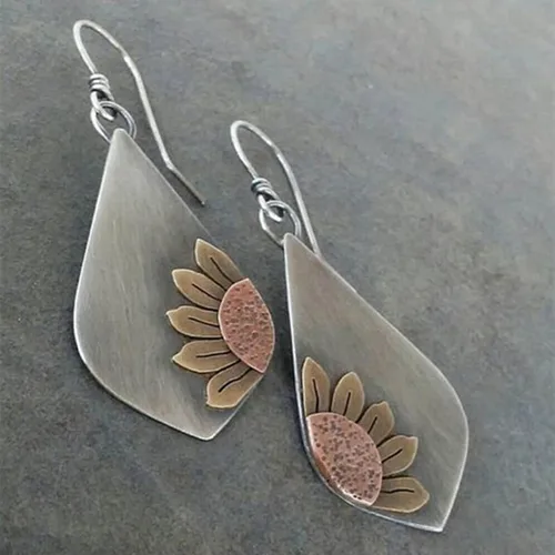 Vista 2 de Aretes bohemios, aretes de plata, aretes de flores, aretes étnicos colgantes para mujeres y niñas, hechos a mano, bohemios, modernos y vintage