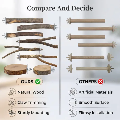 Vista 4 de Natural Wood Bird Perch Stand Platform Set, Tool Free Height Adjust