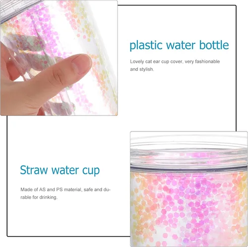 Vista 4 de UPKOCH Vaso de agua de doble pared con forma de oreja de gato, vaso de paja de plástico con lentejuelas, elegante botella de bebida reutilizable