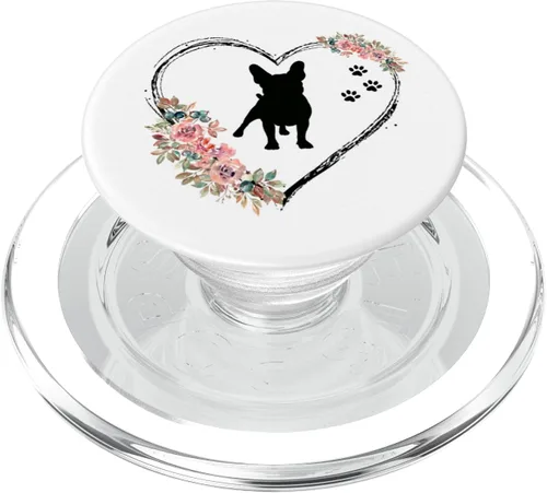 Vista 8 de Bulldog francés con huellas y flores en popSockets blancos intercambiables PopGrip