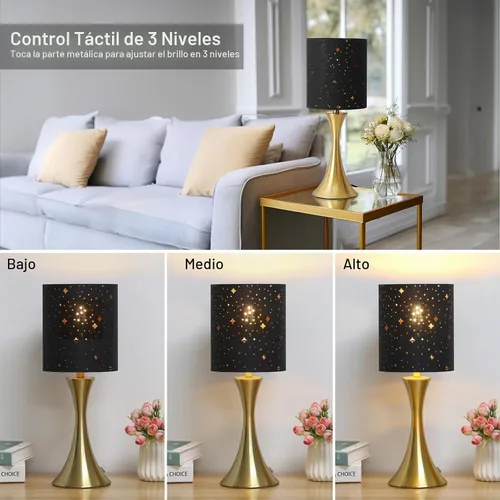 Vista 3 de Lámpara táctil para dormitorio, lámpara de mesa dorada regulable en 3 vías con pantalla estrellada negra, lámpara decorativa de mesita de noche Base
